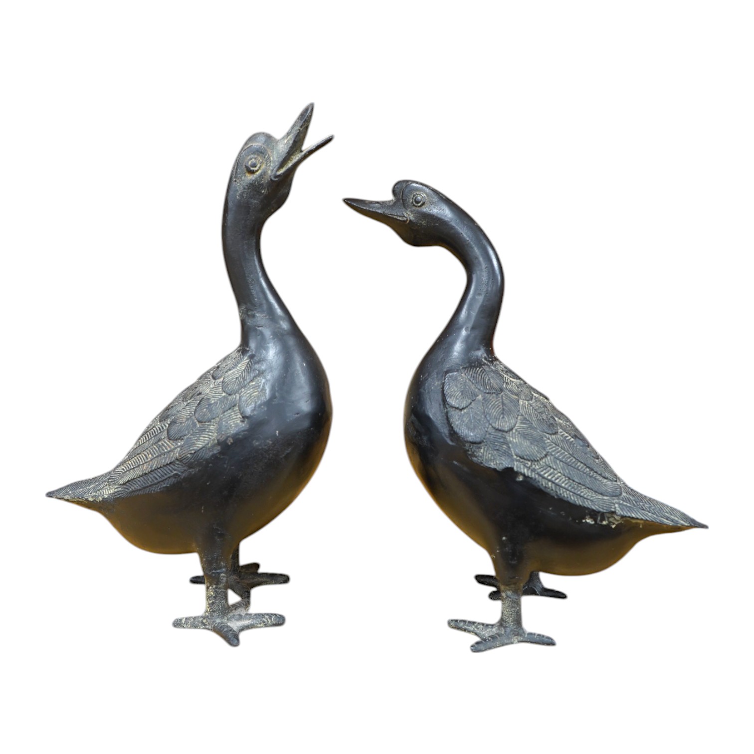 Two 20th century Japanese cast iron models of ducks, 28.5cm. Condition - fair to good